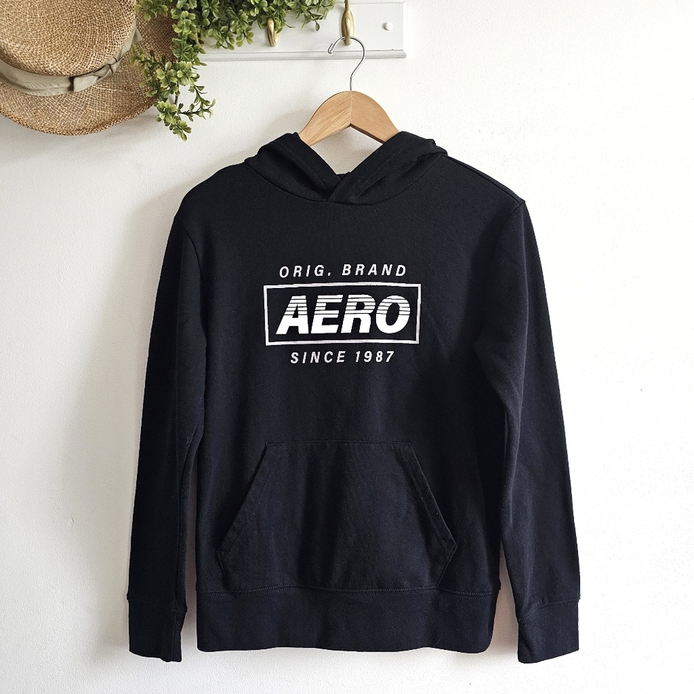 Aéropostale Box Logo Pullover Hoodie Black XS Fleece AERO Since 1987 Casual
